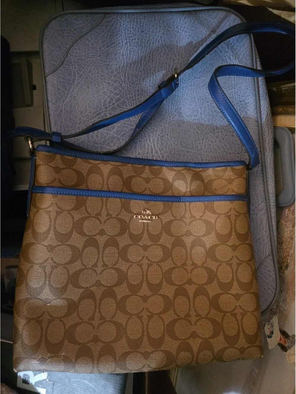 Coach Brown Blue Logo Canvas Leather Crossbody Bag for Women Adjustable Strap